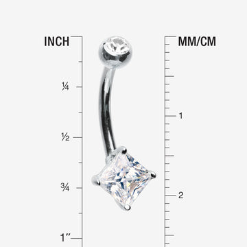 Detail View 1 of 14 Karat White Gold Prong Set Princess Cut Gem Belly Button Ring-Clear Gem